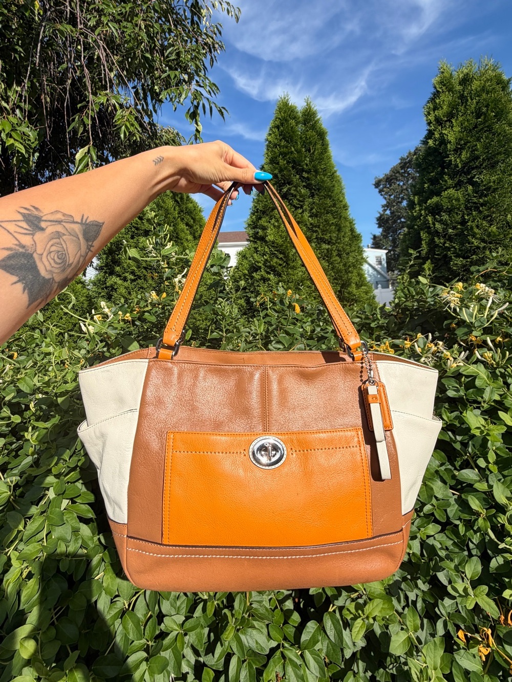 Coach Park Colorblock Carrie Turnlock Tote Leather Shoulder Bag Orange Brown